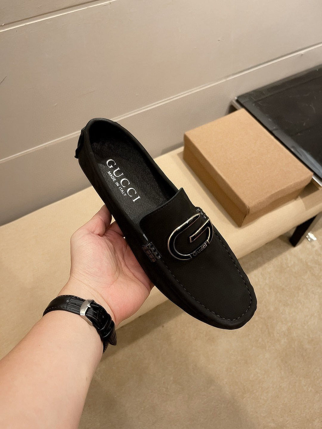 Gucci Men's Black Metal-Detail Loafers - Driving-Style Rubber Sole