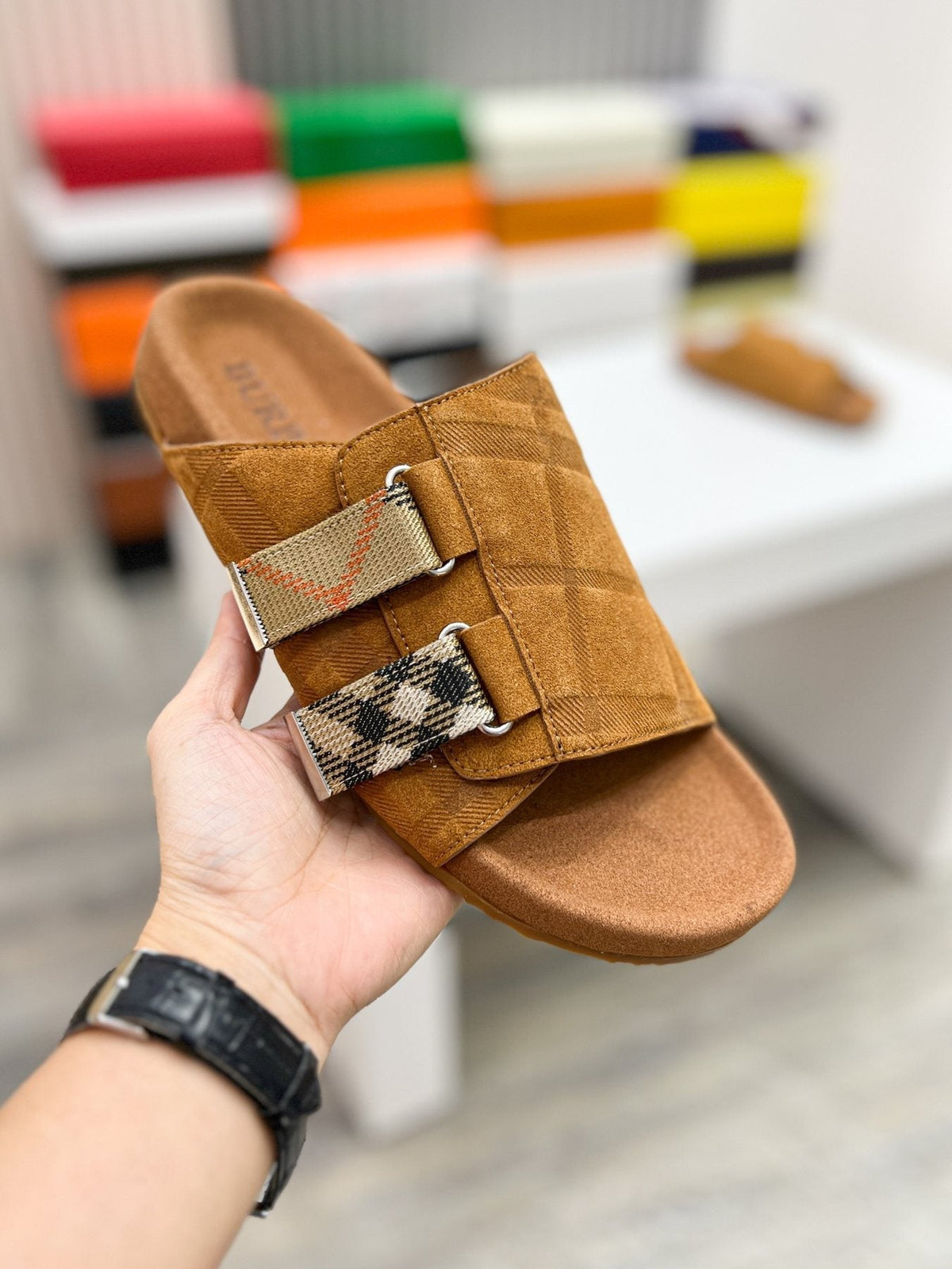 Burberry Navy Check Buckle Slide Sandals